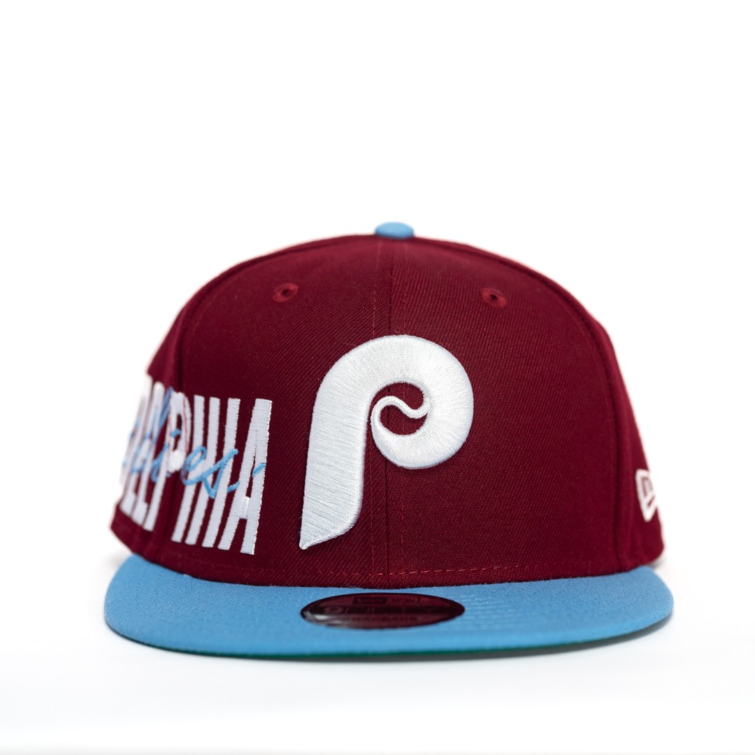 GORRA MLB PHILADELPHIA PHILLIES MAROON SIDE FRONT EDITION/VISERA CELESTE SNAPBACK 9FIFTY