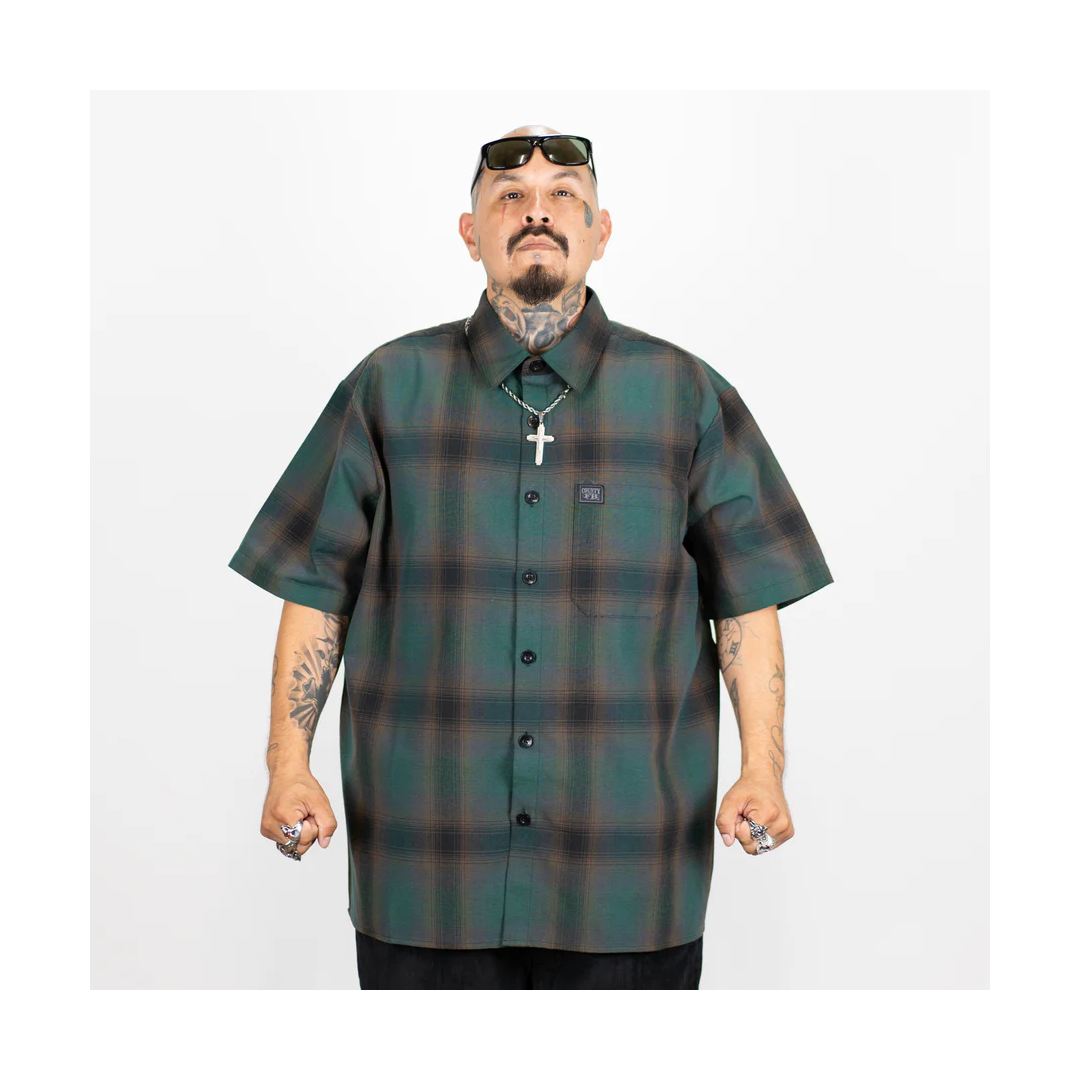 FB COUNTY SHORT SLEEVE CHEKER FLANNEL SHIRT /  BLACK - GREEN