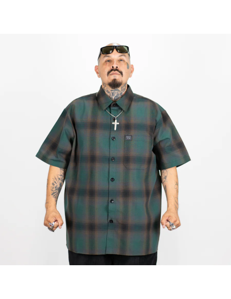 FB COUNTY SHORT SLEEVE CHEKER FLANNEL SHIRT /  BLACK - GREEN