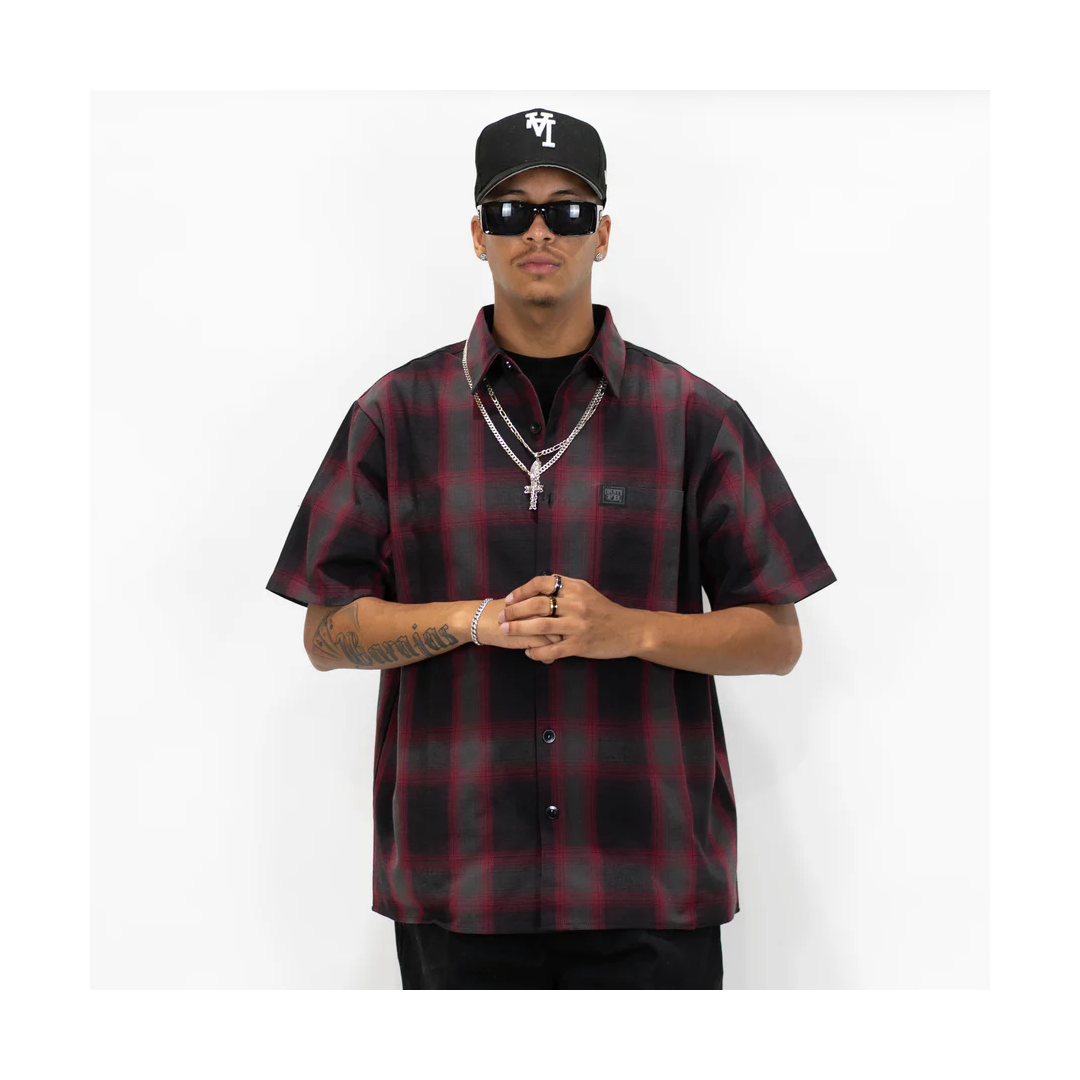 FB COUNTY SHORT SLEEVE CHEKER FLANNEL SHIRT /  RED - BLACK - GREY