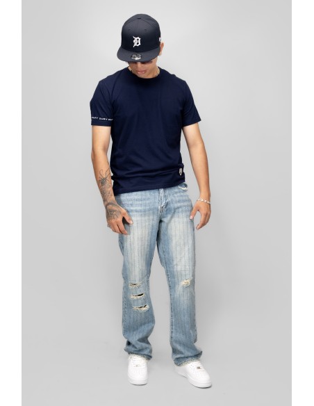 ARMOR RIPPED BLUE THREAD LINE MID-RISE LOOSE JEANS