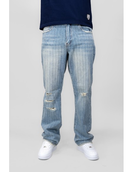 ARMOR RIPPED BLUE THREAD LINE MID-RISE LOOSE JEANS