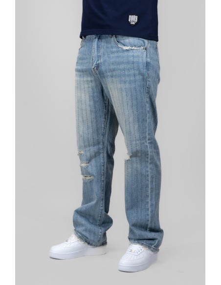 ARMOR RIPPED BLUE THREAD LINE MID-RISE LOOSE JEANS