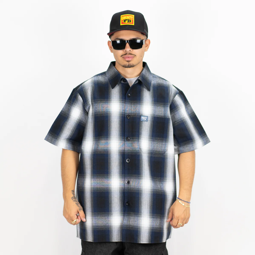 FB COUNTY SHORT SLEEVE CHEKER FLANNEL SHIRT / ROYAL - GREY - WHITE