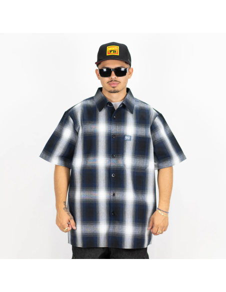 FB COUNTY SHORT SLEEVE CHEKER FLANNEL SHIRT / ROYAL - GREY - WHITE