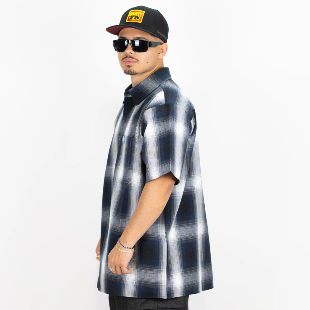 FB COUNTY SHORT SLEEVE CHEKER FLANNEL SHIRT / ROYAL - GREY - WHITE
