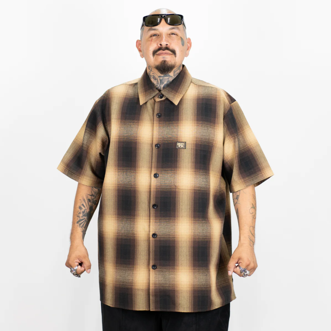 FB COUNTY SHORT SLEEVE CHEKER FLANNEL SHIRT / BLACK - TAN