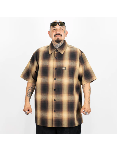 FB COUNTY SHORT SLEEVE CHEKER FLANNEL SHIRT / BLACK - TAN